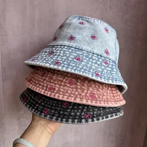 Bob en Denim Lavé Vintage Femme Broderie Papillon Coton Protection Solaire Large Bord Chapeau de Pêcheur Pour Voyage Été
