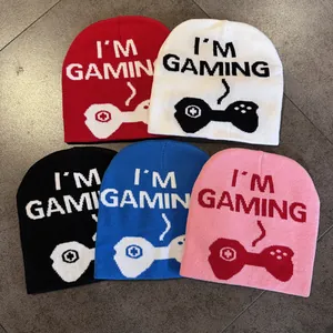 Gaming Theme Knitted Beanie Hat Acrylic Warm I'M GAMING Letter Jacquard Winter Skull Cap For Unisex Adults Outdoor