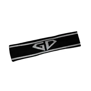 Black knit elastic sports headband with GD logo and grey stripes for fitness and yoga