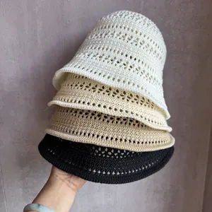 Women Knitted Bucket Hat Hollow Crochet Breathable Sun Hat For Summer Travel Outdoor Beach Foldable Fisherman Hat Vintage Style
