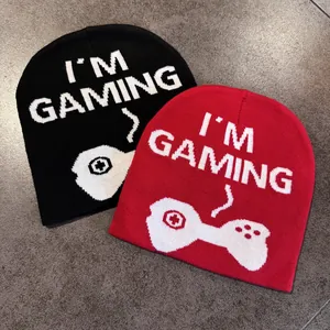 Knitted beanie hat with I'M GAMING letters in black and red for winter outdoor warmth