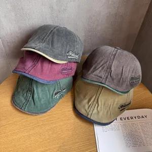 Retro Washed Cotton Newsboy Hat For Women Men Vintage Letter Embroidered Forward Hat Adjustable Artist Beret Flat Cap