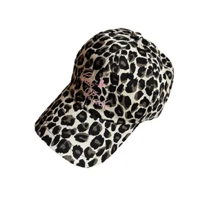Vintage leopard print baseball cap with pink Lady Belle embroidery and curved brim