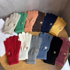 Women's Cute Knitted Bear Embroidered Gloves Winter Warm Touchscreen Fingerless Mittens For Students Outdoor Cycling Gloves