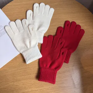 Cute bear embroidered knit gloves for women with touchscreen finger openings for winter warmth