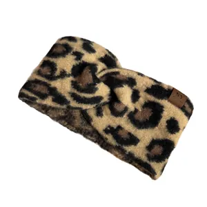 Knitted leopard print winter headband with stylish twist knot and brown NY logo label