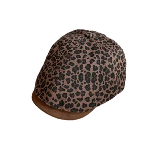 Vintage leopard print beret hat for women with brown suede brim and stylish retro design