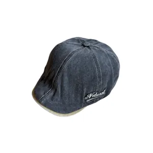 Vintage washed cotton flat cap in dark grey with Natural embroidery for women