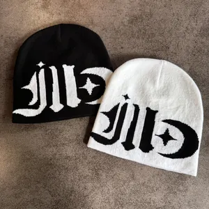 Black and white street style beanie set with gothic jacquard pattern for men and women