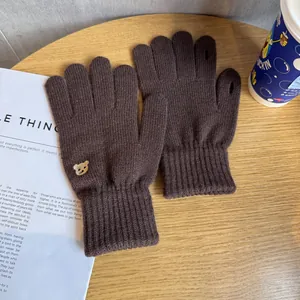Macro detail of brown knitted gloves with cute bear embroidery and touchscreen finger slits