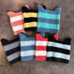 Gorro de Punto con Orejas de Gato a Rayas para Mujer Piel de Visón Sintética Gorro de Invierno Estilo Japonés Uso Diario