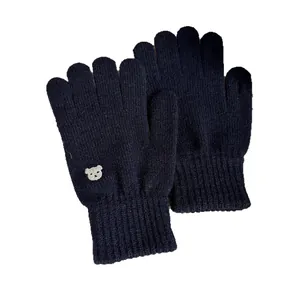 Navy knit gloves for women featuring cute white bear embroidery and ribbed warm cuffs
