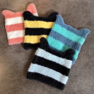 Gorro de punto a rayas con lindas orejas de gato en varios colores para mujer invierno