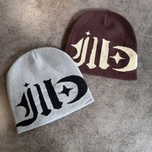 Street style jacquard knit beanies in grey and brown with gothic letter patterns