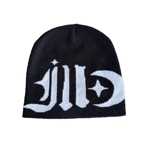 Street style black knit beanie with white gothic jacquard pattern and moon design