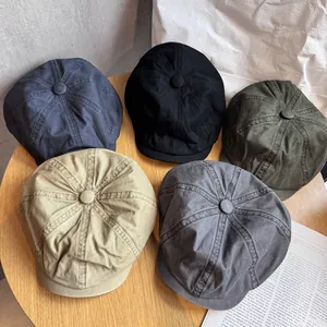 Women Japanese Minimalist Cotton Polyester Newsboy Cap Vintage Washed Distressed Forward Hat Literary Solid Color Short Brim Beret