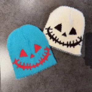 Detailed view of the fuzzy knit beanie featuring spooky Jack Skellington face patterns