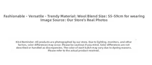 Detailed size chart and wool blend material specs for knitted beanie hat 55-59cm
