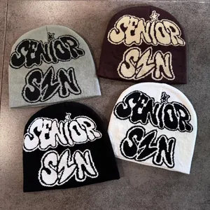Streetwear SENIOR SZN Lettre Jacquard Bonnet en Maille pour Hommes Femmes Hiver Chaud Hip Hop Sans Bord Skull Cap