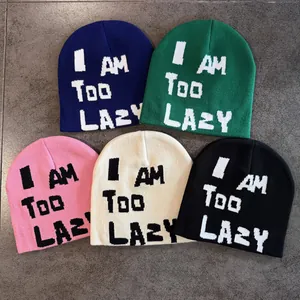 Unisex Acrylic Knit Beanie Hat With I Am Too Lazy Slogan Letter Jacquard Warm Winter Autumn Streetwear Outdoor Cold Hat