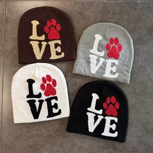 Winter Warm Acrylic Knitted Beanie Hat LOVE Paw Print Jacquard Unisex Streetwear Skull Cap For Autumn Winter Outdoor