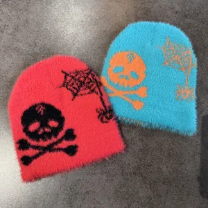 Plush faux mink knitted beanies with skull and spider web patterns for Halloween