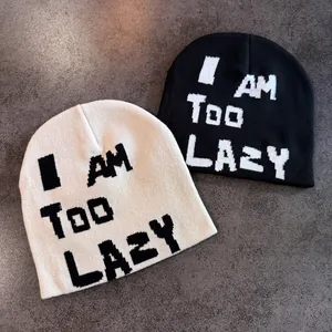 Two-pack knit beanies in black and beige with I AM TOO LAZY slogan for winter warmth