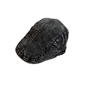 Berretto piatto vintage in denim grigio scuro lavato con cuciture doppie di qualità