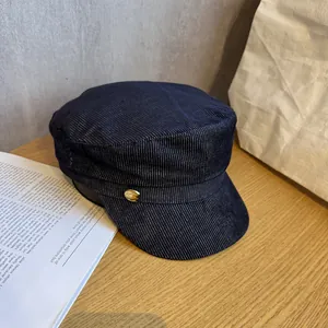 Vintage Pinstripe Newsboy Cap For Women Flat Top Navy Blue Baker Boy Hat With Gold Button Retro Streetwear Cabbie Cap