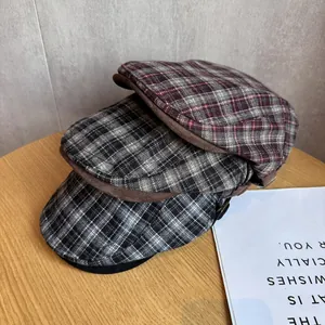 Women British Vintage Plaid Newsboy Cap Woolen Blend Flat Cap For Autumn Winter Retro Newsboy Hat Classic Plaid Beret Accessory