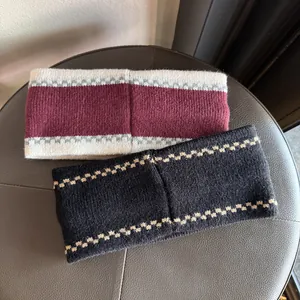 French jacquard knitted headband set in burgundy and black with warm geometric patterns