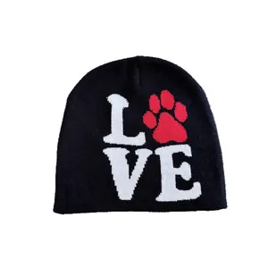 Unisex black knit beanie featuring a white LOVE text design with a red animal paw print