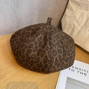 Women Retro Leopard Print Beret Hat Suede Vintage Painter Cap American Stylish Warm Winter Fashion Accessories Brown Accessories
