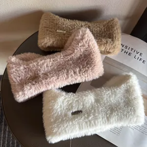 Winter plush headband set in khaki, pink and cream colors with metallic brand logo