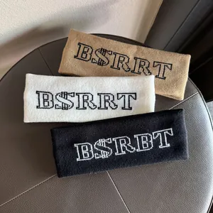 Elastic knitted wide headband with letter embroidery in khaki white and black colors