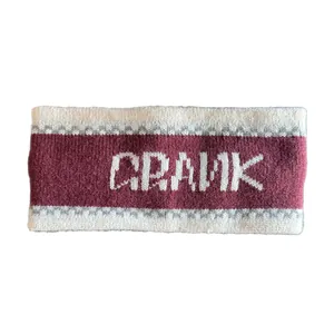 French jacquard knitted headband with burgundy and grey stripes and white CRANK lettering