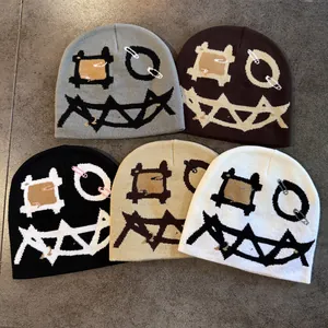 Unisex Halloween Teufelsgesicht Beanie Mütze Mit Sicherheitsnadel Strickmütze Herren Damen Streetwear Punk Gothic Wintermütze