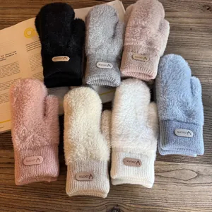 Women Winter Thickened Warm Faux Mink Fur Mittens Knitted Windproof Thermal Mitten For Outdoor Cycling Daily Cold Weather