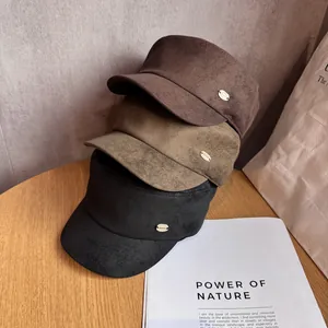 Women Suede Flat Top Equestrian Hat Vintage Newsboy Cap Autumn Winter Warm Fashion Peaked Hat With Metal Letter Logo