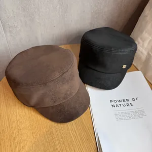 Flat top faux suede equestrian cap for women in coffee and black with metal buckle