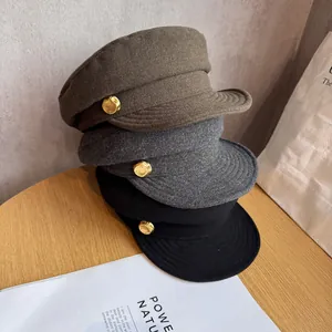 Women British Retro Newsboy Cap Solid Color Polyester Woolen Texture Baker Boy Hat Metal Button Flat Top Navy Hat Casual Cabbie Cap