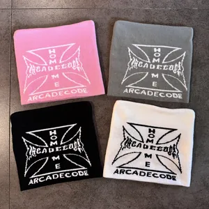Streetwear knitted beanies with cross and letters in pink, grey, black and white