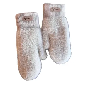 Winter plush thermal mittens in cream white with ribbed cuffs and leather deer patch