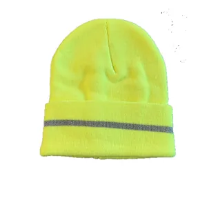 Neon knitted beanie with reflective stripe and rolled cuff for high visibility