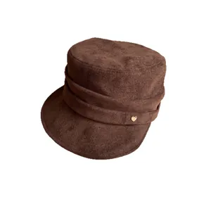 Vintage dark brown chenille flat top military hat with a golden heart metal buckle decoration