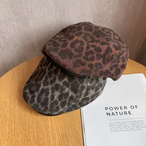 Retro leopard print beret hats in brown and grey wool blend for autumn fashion look