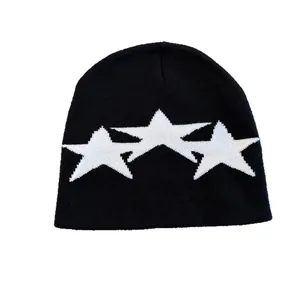 Minimalist black knit beanie with white stars, unisex street style winter warm headwear