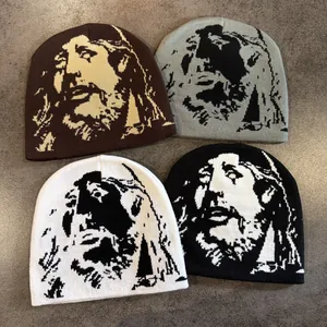 Streetwear Hip Hop Beanie Mütze Für Herren Damen Retro Jesus Porträt Jacquard Gestrickte Totenkopfkappe Winter Warmer Sport Hut