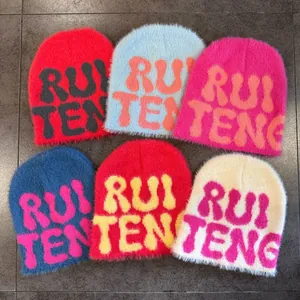 Women Faux Mink Fur Knit Beanie RUI TENG Letter Pattern Warm Winter Street Style Soft Plush Cold Hat For Couples
