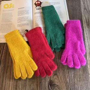 Long fluffy knit rabbit fur gloves in vibrant colors for winter warmth and touchscreen use